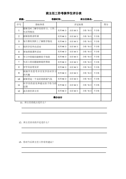 班主任工作考核学生评分表