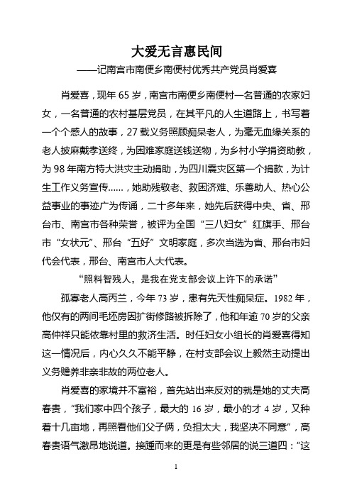 大爱无言惠民间——记南宫市南便乡南便村优秀共产党员肖爱喜