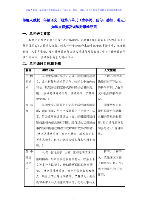 部编人教版一年级语文下册第八单元(含字词、佳句、感知、考点)知识点详解及训练附思维导图