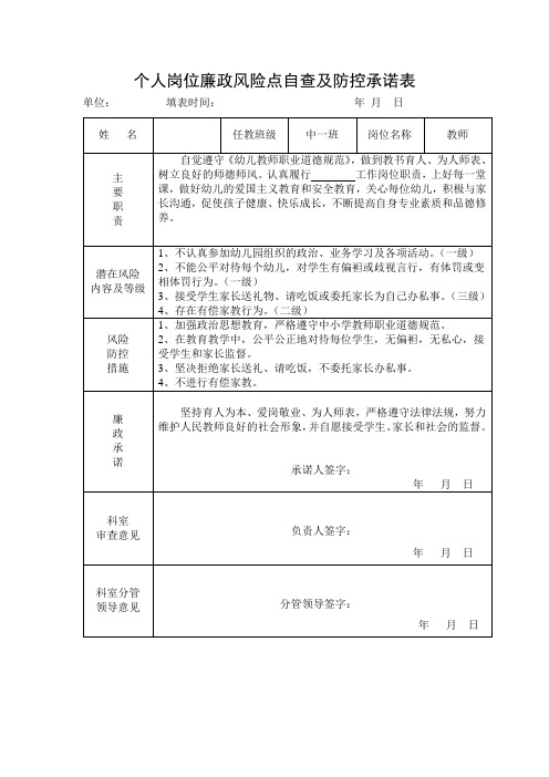 教师个人岗位廉政风险点自查及防控承诺表