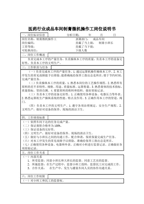 医药行业成品车间制膏微机操作工岗位说明书