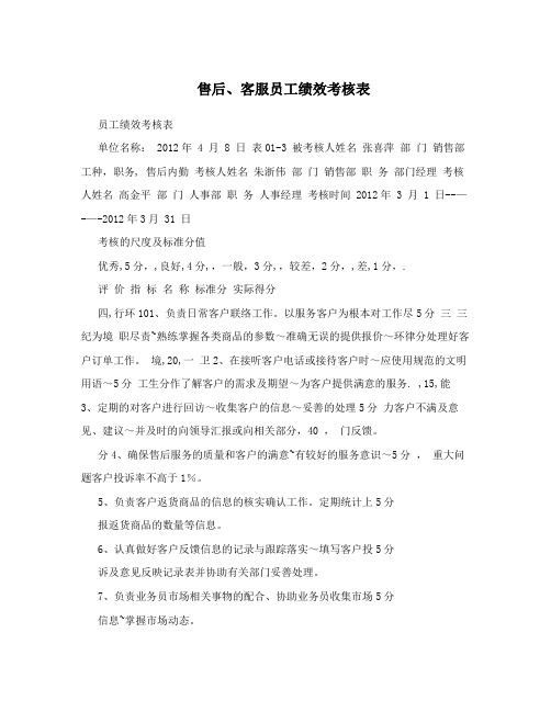 售后、客服员工绩效考核表