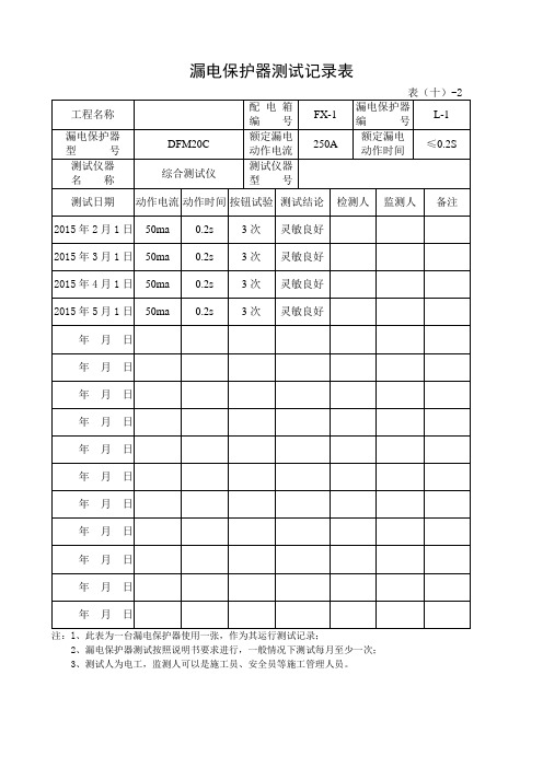 漏电保护器测试记录表(范本)