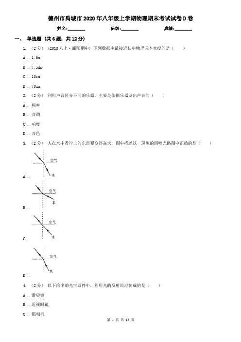 德州市禹城市2020年八年级上学期物理期末考试试卷D卷