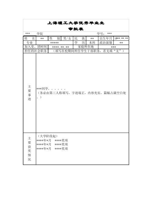 2015校优毕登记表填写样表(仅供参考)