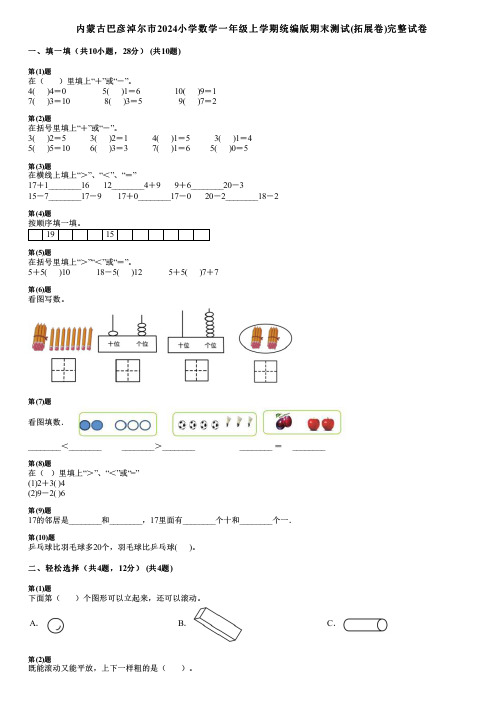 内蒙古巴彦淖尔市2024小学数学一年级上学期统编版期末测试(拓展卷)完整试卷