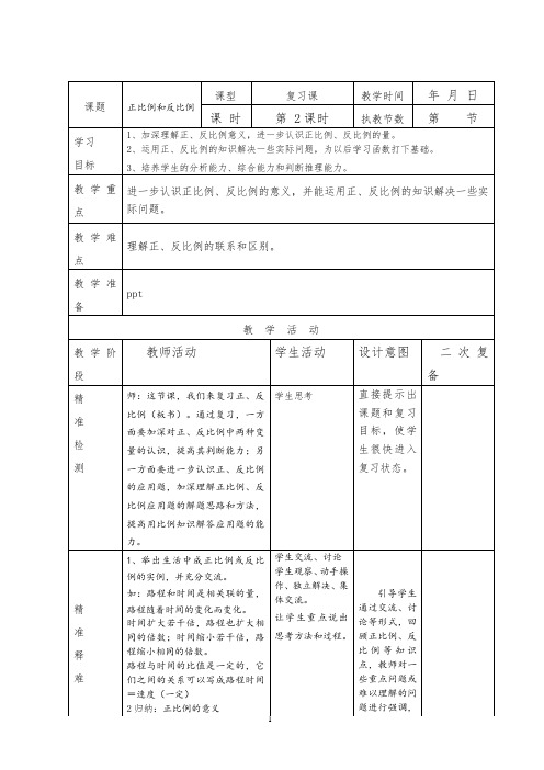 六下总复习《正比例和反比例》教学设计