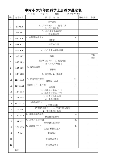 六年级科学上册教学进度表