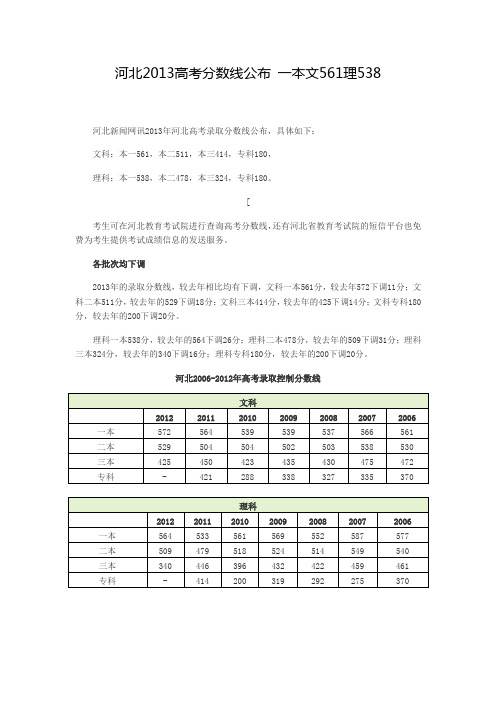 2013河北省高考录取分数线