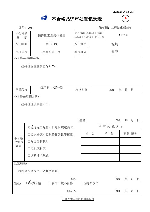 不合格品评审处置记录表