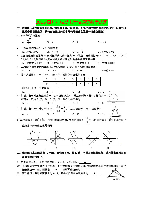 2016届苏科版九年级上期末调研考试数学试题及答案