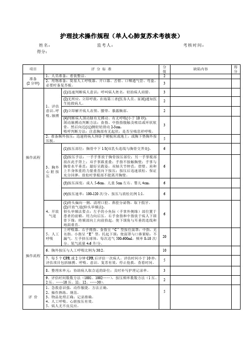 护理技术操作规程(单人心肺复苏术考核表)