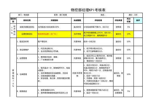 物流部经理KPI考核标准