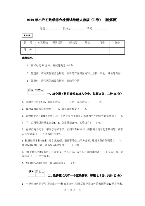 2019年小升初数学综合检测试卷新人教版(I卷) (附解析)