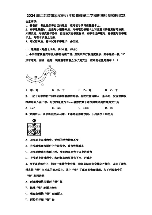 2024届江苏省如皋实验八年级物理第二学期期末检测模拟试题含解析