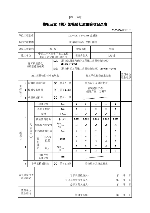 涵洞基础模板及支(拱)架检验批质量验收记录表