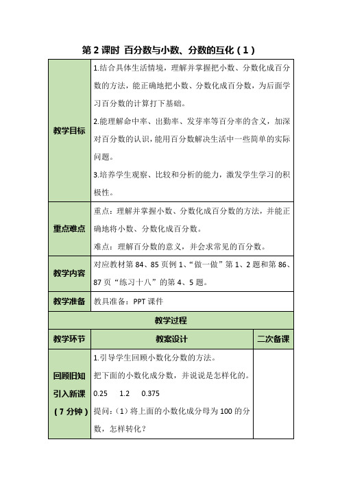 六年级上册数学教案-6.2 百分数与小数、分数的互化(1)人教版