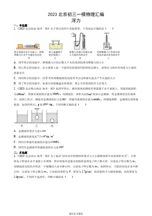 2023年北京市初三一模物理试题汇编：浮力