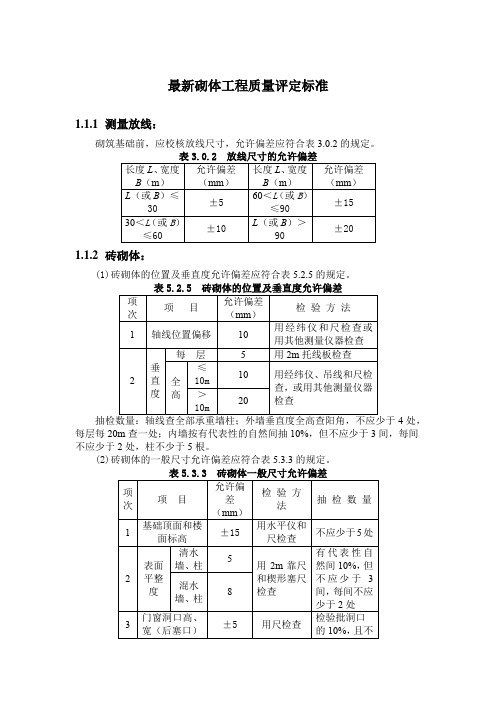 最新砌体工程质量评定标准