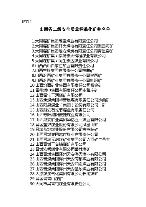 山西省二级安全质量标准化矿井名单