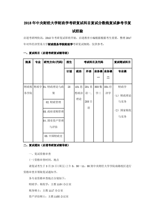 2018年中央财经大学财政学考研复试科目复试分数线复试参考书复试经验