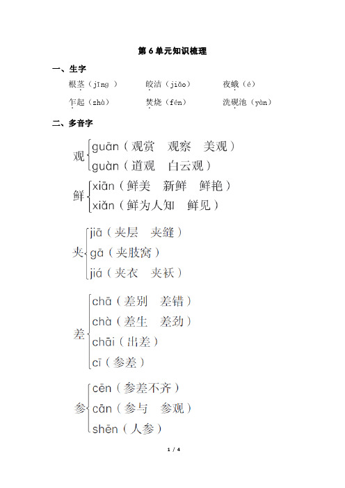 6年级语文苏教(下)第6单元单元板块知识梳理