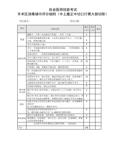 执业医师技能考试手术区消毒铺巾评分细则