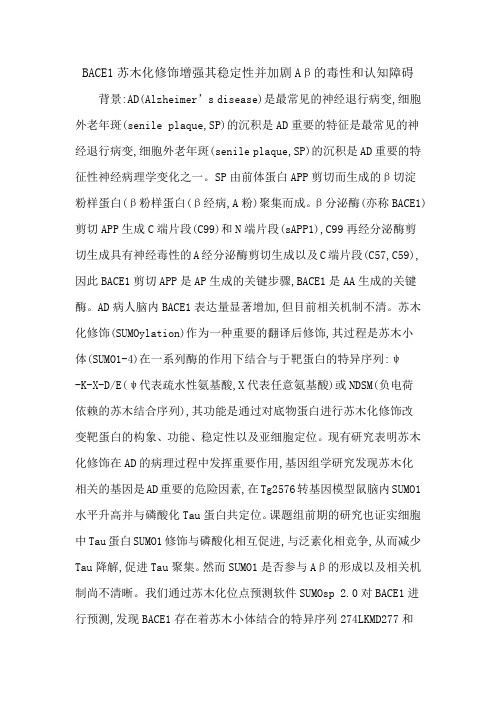 BACE1苏木化修饰增强其稳定性并加剧Aβ的毒性和认知障碍