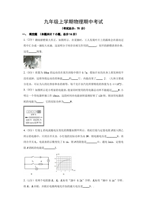 九年级上学期物理期中考试试题含答案