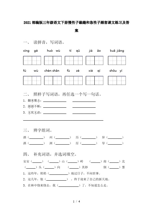 2021部编版三年级语文下册慢性子裁缝和急性子顾客课文练习及答案