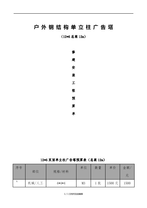 T型广告牌预算表