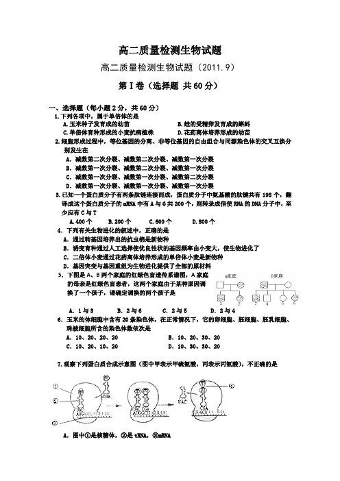 高二质量检测生物试题