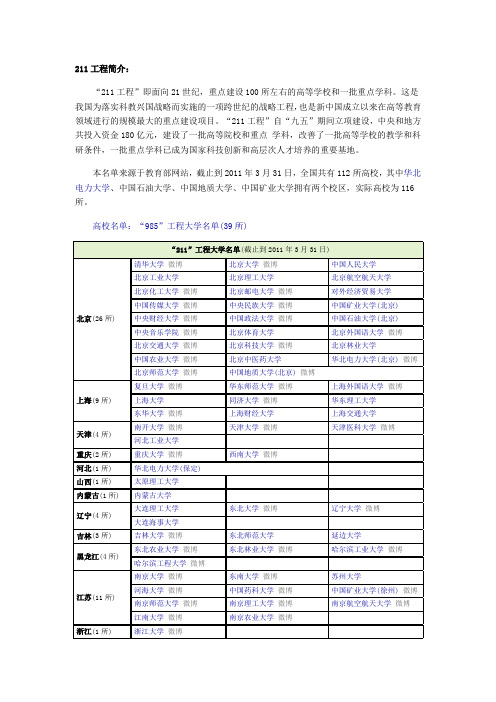 中国211名单和985名单