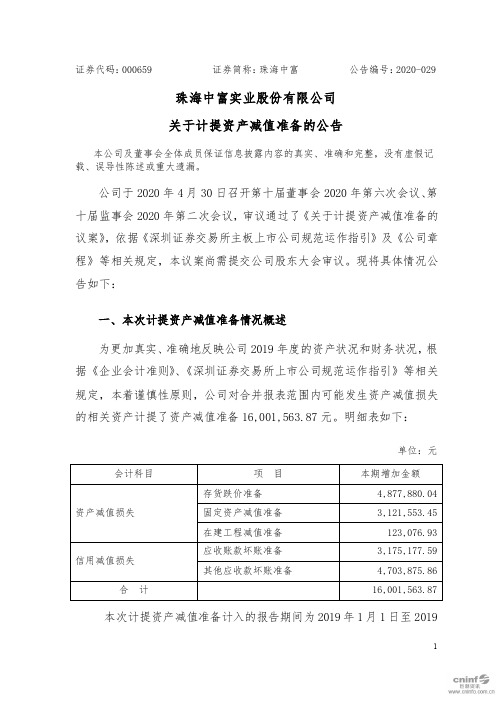 珠海中富：关于计提资产减值准备的公告