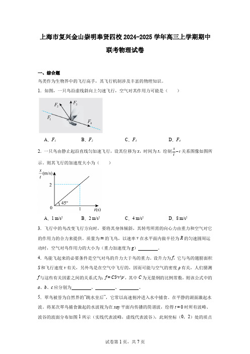 上海市复兴金山崇明奉贤四校2024-2025学年高三上学期期中联考物理试卷