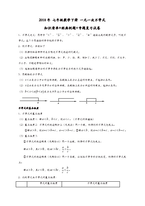 2018年人教版七年级数学下《第9章一元一次不等式》知识清单含例题+期末专题复习试卷(含答案)