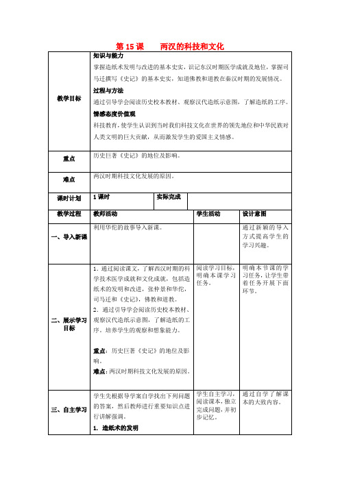 初中历史七年级上册第三单元秦汉时期：统一多民族国家的建立和巩固第15课两汉的科技和文化教案新人教版