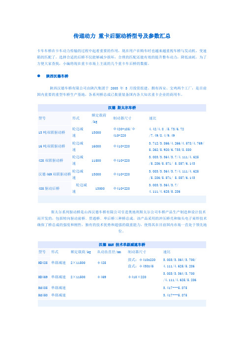 传递动力 重卡后驱动桥型号及参数汇总