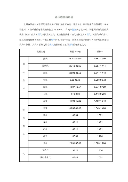 各种燃料的热值