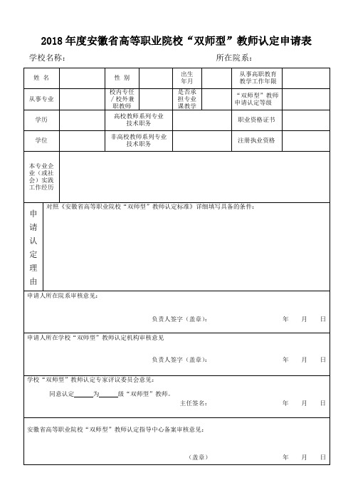 2018安徽高等职业院校双师型教师认定申请表