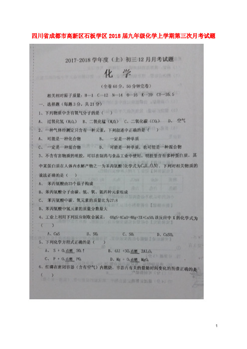 四川省成都市高新区石板学区九年级化学上学期第三次月考试题(扫描版) 新人教版