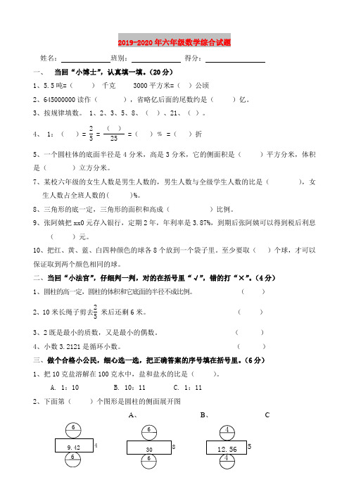 2019-2020年六年级数学综合试题