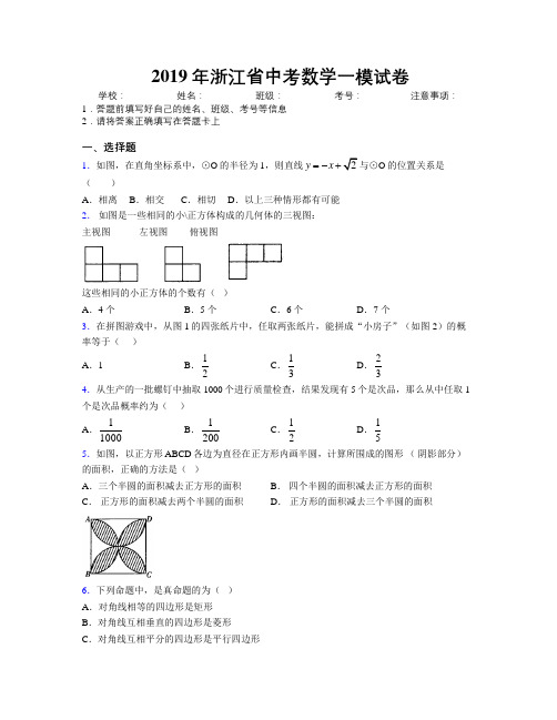 2019年浙江省中考数学一模试卷附解析