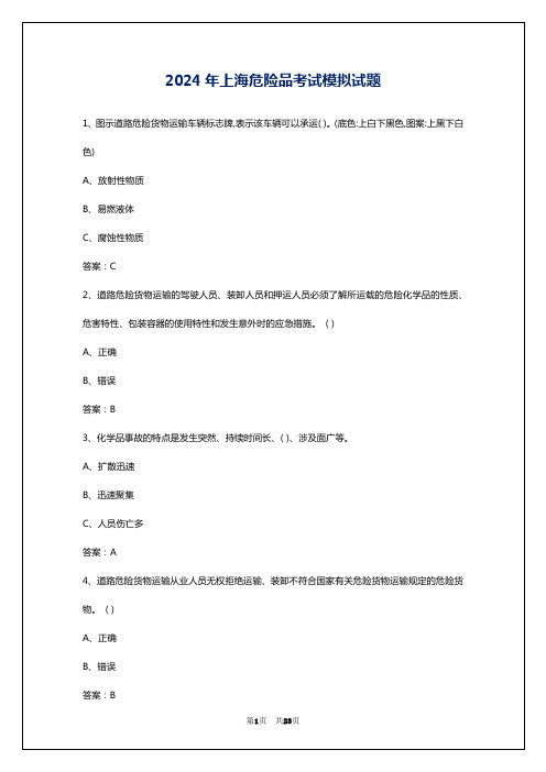 2024年上海危险品考试模拟试题