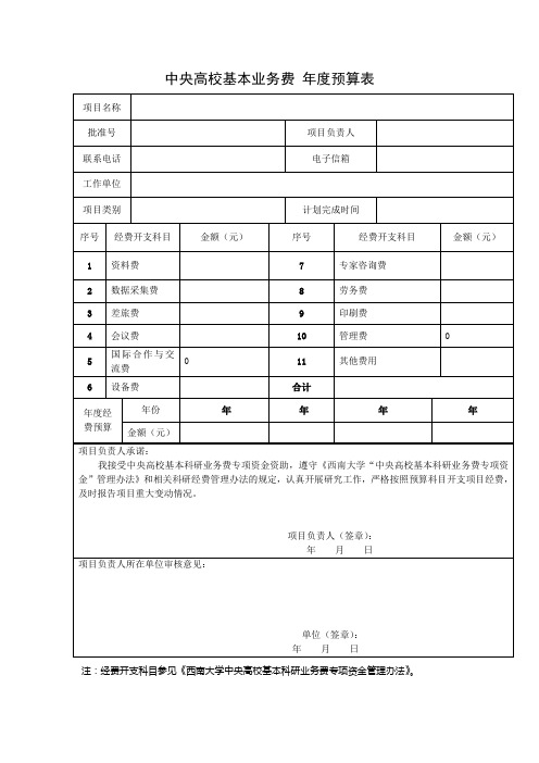 中央高校基本业务费 年度预算表