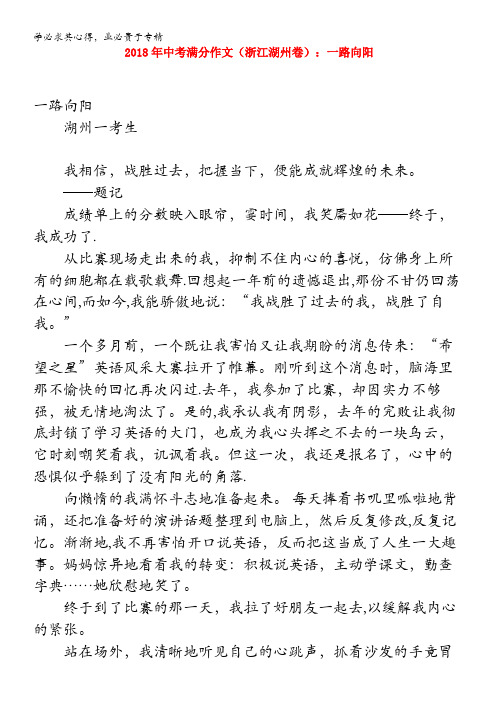 2018年中考语文满分作文(浙江省湖州卷)一路向阳