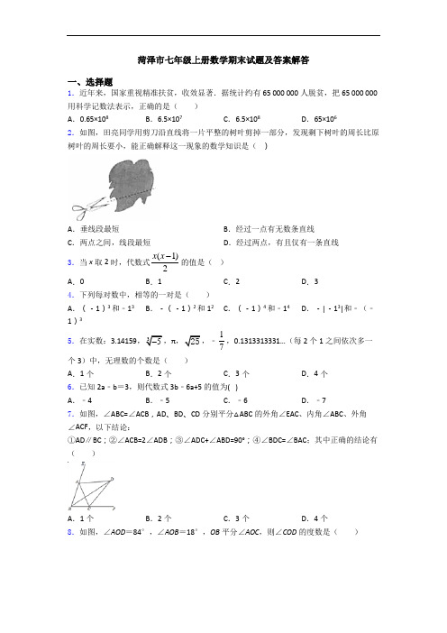 菏泽市七年级上册数学期末试题及答案解答