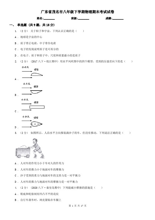 广东省茂名市八年级下学期物理期末考试试卷