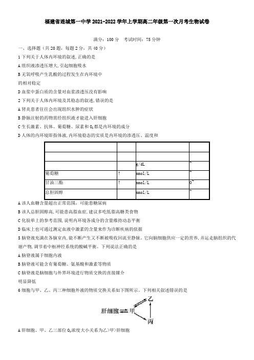 福建省连城第一中学2021上学期高二年级第一次月考生物试卷