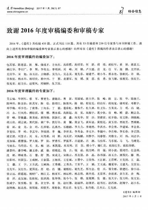 致谢2016年度审稿编委和审稿专家